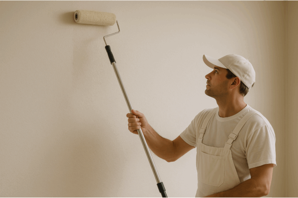 A professional painter uses a roller with an extension pole to apply paint to a tall interior wall.