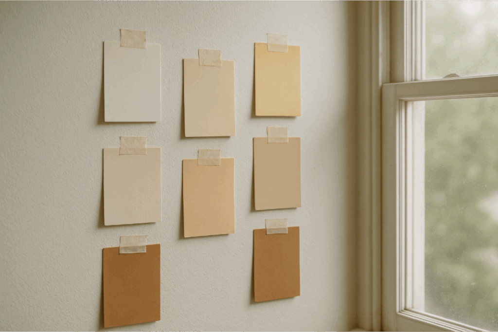 Paint swatches taped to a white wall with natural light through a window.